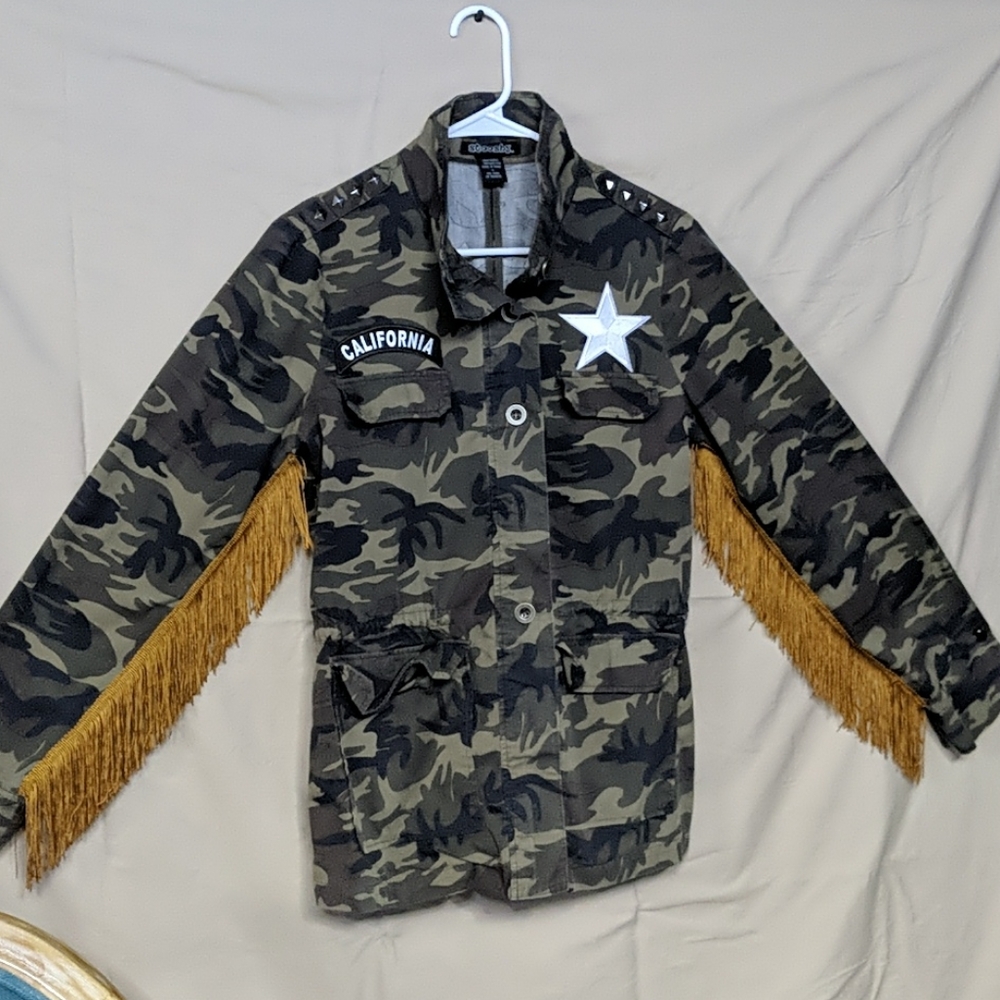 Embroidered Fringe Jacket Camo Military Boho Large